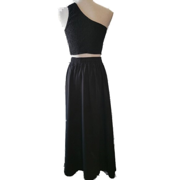 One Shoulder Smocked Crop Top & High Waist Long Skirt Set with Pockets Sz S - Picture 4 of 4